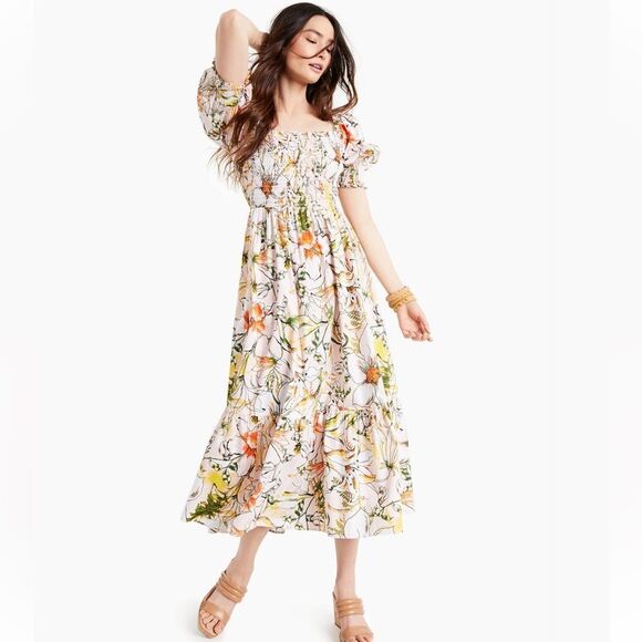 INC International Concepts Smocked Puff-Sleeve Midi Dress - Picture 1 of 10